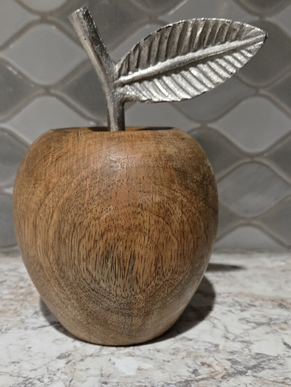 Wooden Apple Decor with Silver Leaf Accent